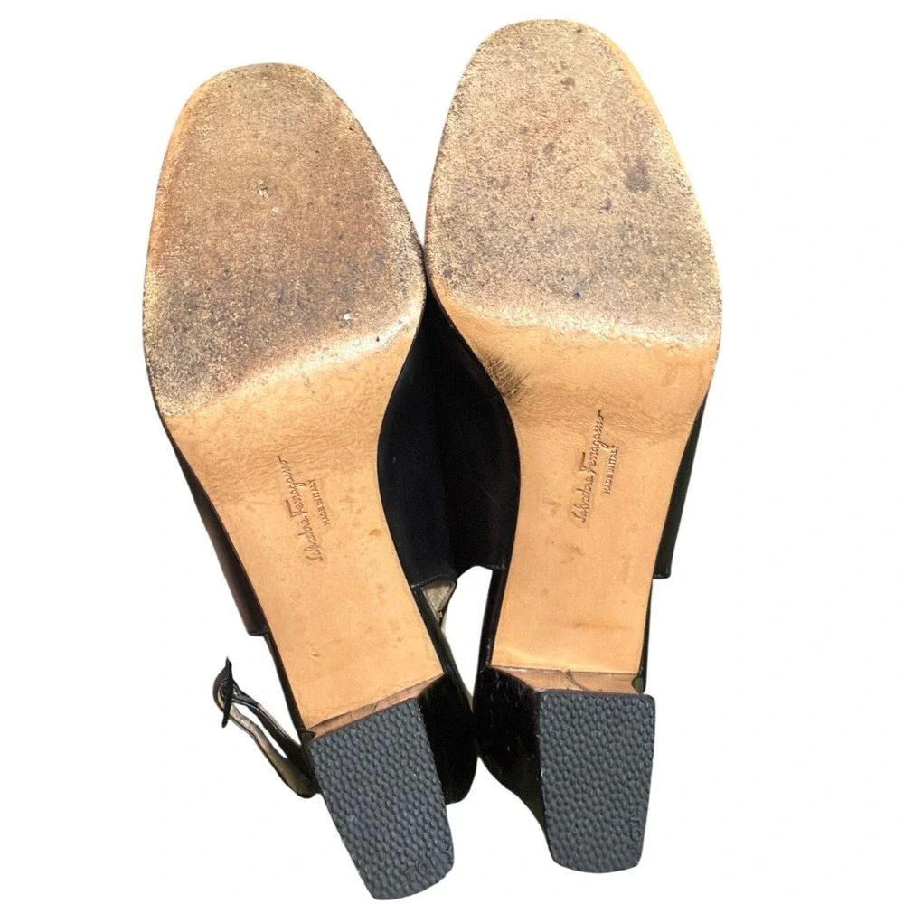 Salvatore Ferragamo Black Leather Patent Cap Toe Slingback Pumps Heels 7.5 B - Picture 5 of 6